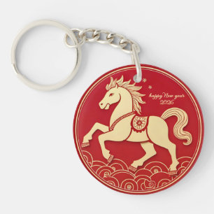 Porte-clefs Cheval doré rouge Nouvel An chinois 2026