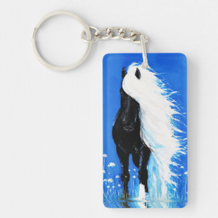 Porte-clefs Cheval noir à crinière blanche marchant sur l'eau