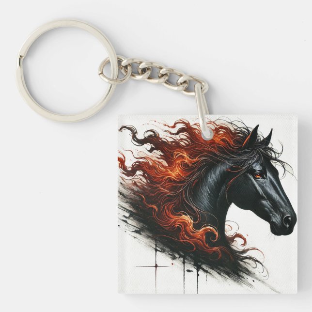 Porte-clefs Cheval noir avec crinière de feu (Devant)