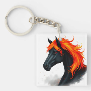 Porte-clefs Cheval noir avec crinière rouge feu