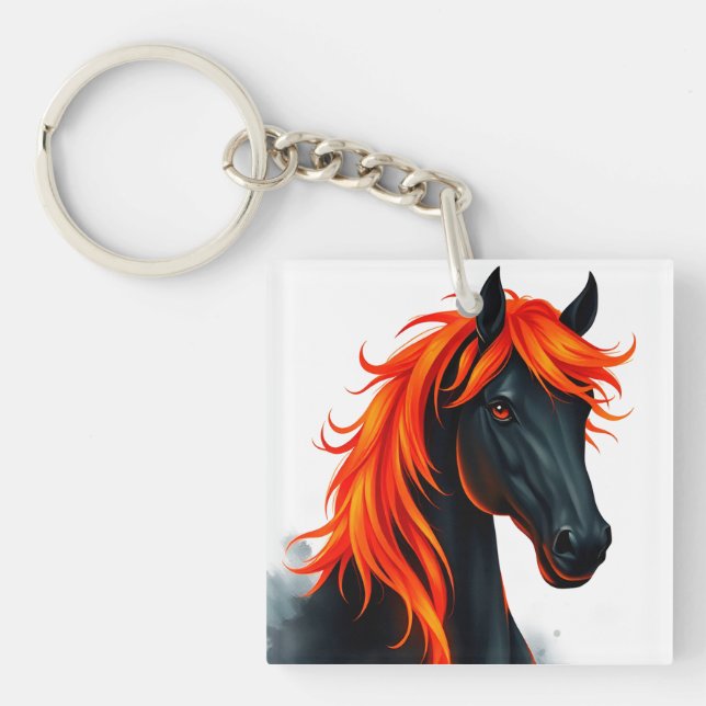 Porte-clefs Cheval noir avec crinière rouge feu (Devant)
