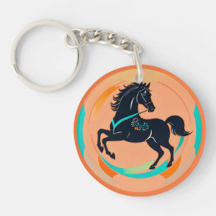 Porte-clefs Cheval noir sur fond coloré