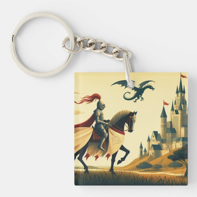 Porte-clefs Chevalier médiéval/dragon/château fantastique (Devant)
