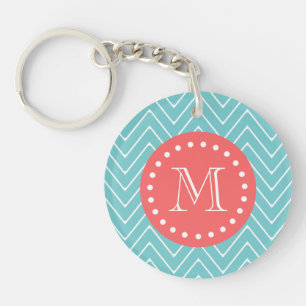 Porte-clefs Chevron turquoise et de corail avec le monogramme