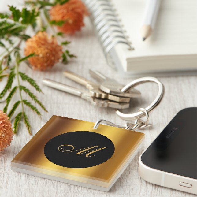 Porte-clefs Chic Black Gold Calligraphie Bordure Monogramme (Devant Droit)