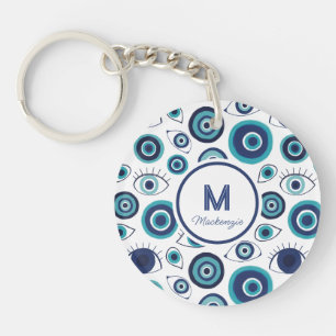 Porte-clefs Chic Bleu Blanc Grec Mal Oeil Monogramme