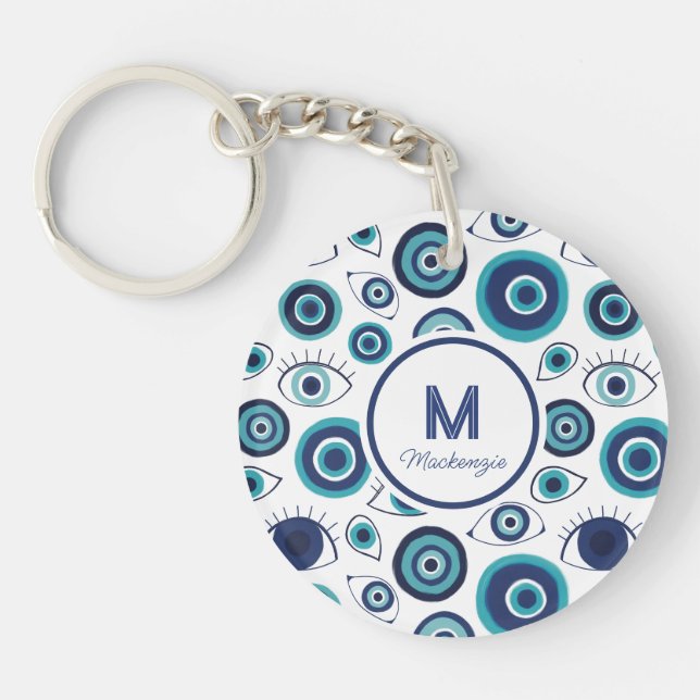 Porte-clefs Chic Bleu Blanc Grec Mal Oeil Monogramme (Devant)