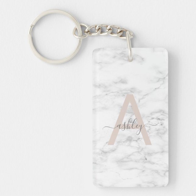Porte-clefs Chic Blush Pink White Marble Script Nom monogram (Devant)