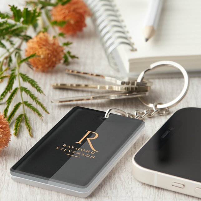 Porte-clefs Chic Elegant moderne Noir Or Monogramme (Devant droit)