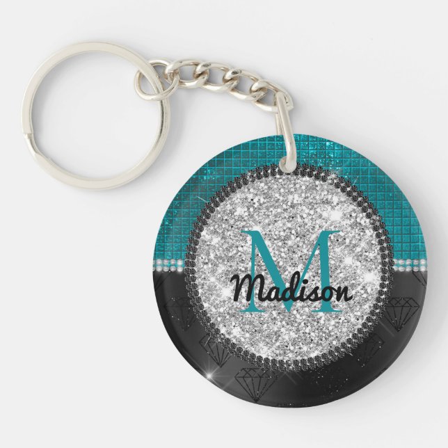 Porte-clefs Chic faux Parties scintillant argent Turquoise noi (Devant)