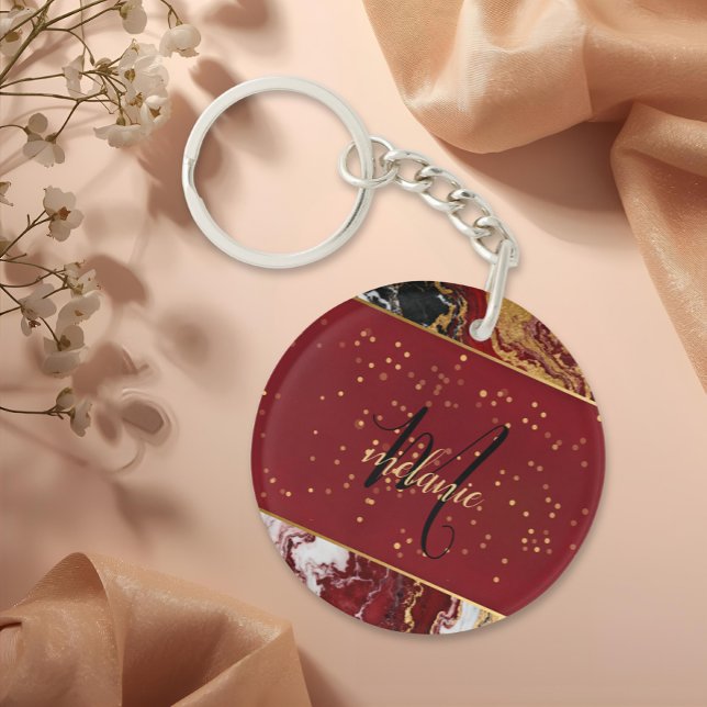 Porte-clefs Chic moderne Monogramme en marbre noir or  (Créateur téléchargé)