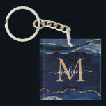 Porte-clefs Chic Navy Blue Gold Agate Géode Parties scintillan<br><div class="desc">Glam Moderne Marine Bleu Parties scintillant or étincelant Agate Géode pierre Elégante Feminine Monogramme Nom du script Porte - clé</div>