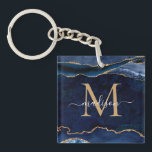 Porte-clefs Chic Navy Blue Gold Agate Géode Parties scintillan<br><div class="desc">Glam Moderne Marine Bleu Parties scintillant or étincelant Agate Géode pierre Elégante Feminine Monogramme Nom du script Porte - clé</div>
