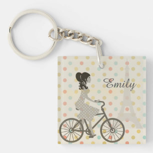 Porte-clefs Chic Paris Girl Riding Bike Dotty Personnalisé