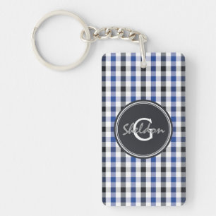 Porte-clefs chic preppy bleu noir en vichy motif monogramme