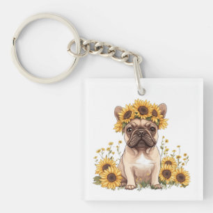 Porte-clefs Chien À Balle Français Entouré De Tournesols