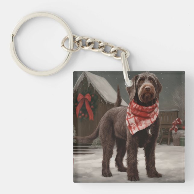 Porte-clefs Chien à poil dur pointant dans Noël enneigé (Devant)