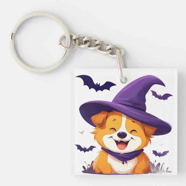 Porte-clefs Chien adorable avec un chapeau de sorcière (Devant)