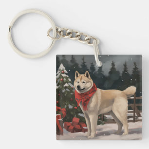 Porte-clefs Chien Akita dans la neige de Noël