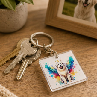 Porte-clefs Chien Ange Arc-en-Ciel Grande Pyrenees Aquarelle