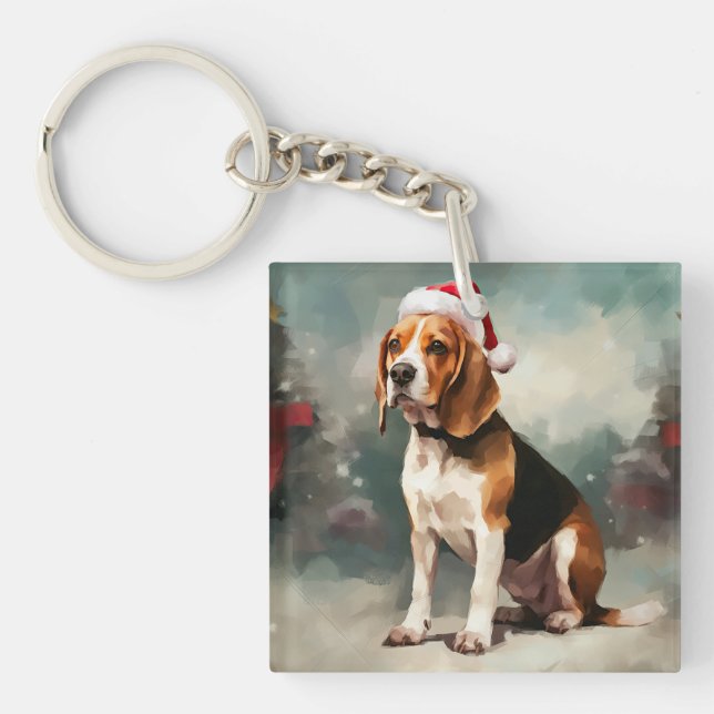 Porte-clefs Chien beagle à Noël de neige (Devant)