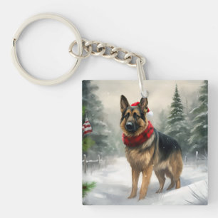 Porte-clefs Chien berger allemand dans la neige de Noël