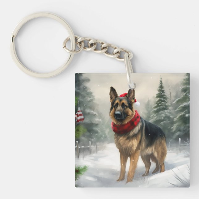 Porte-clefs Chien berger allemand en Noël de neige (Devant)