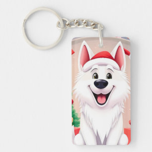 Porte-clefs Chien Blanc en Chapeau de Père Noël