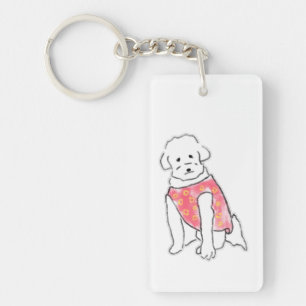 Porte-clefs Chien Blanc Fluffy Dessiné à la Main avec un Gilet