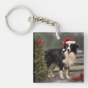 Porte-clefs Chien Border Collie dans la neige de Noël