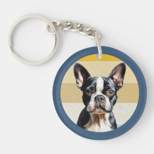 Porte-clefs Chien Boston Terrier Mignon Fond Rétro