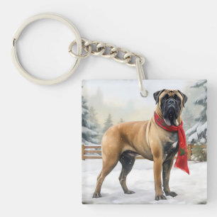 Porte-clefs Chien Bouledogue Mastiff dans la neige de Noël