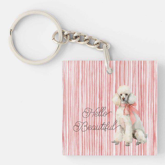 Porte-clefs Chien Caniche Blanc Bonjour Beau (Devant)