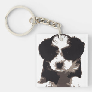 Porte-clefs Chien chiot maltais noir et blanc