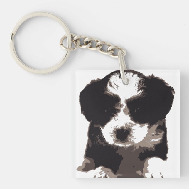 Porte-clefs Chien chiot maltais noir et blanc (Devant)