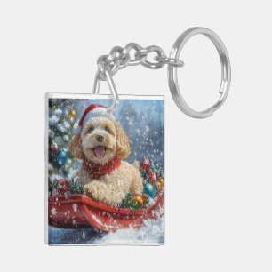 Porte-clefs Chien Cockapoo en Traîneau Laissez Tomber la Neige
