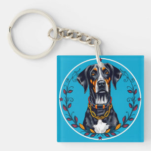 Porte-clefs Chien dans un motif floral circulaire