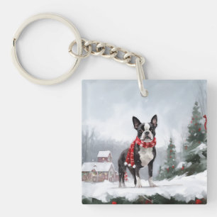 Porte-clefs Chien de Boston Terrier pendant Noël de neige
