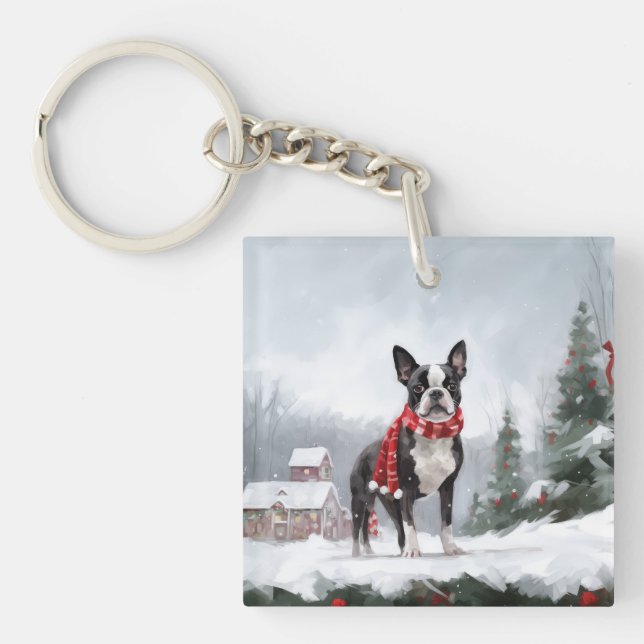 Porte-clefs Chien de Boston Terrier pendant Noël de neige (Devant)