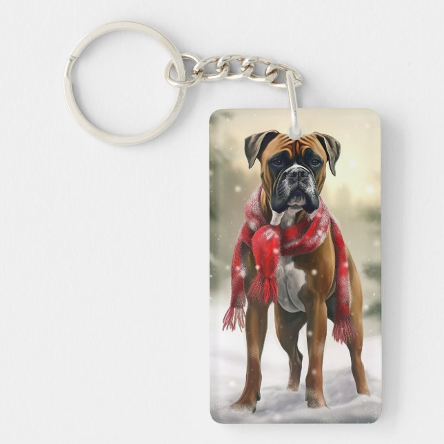 Porte-clefs Chien de boxe en Noël de neige (Devant)