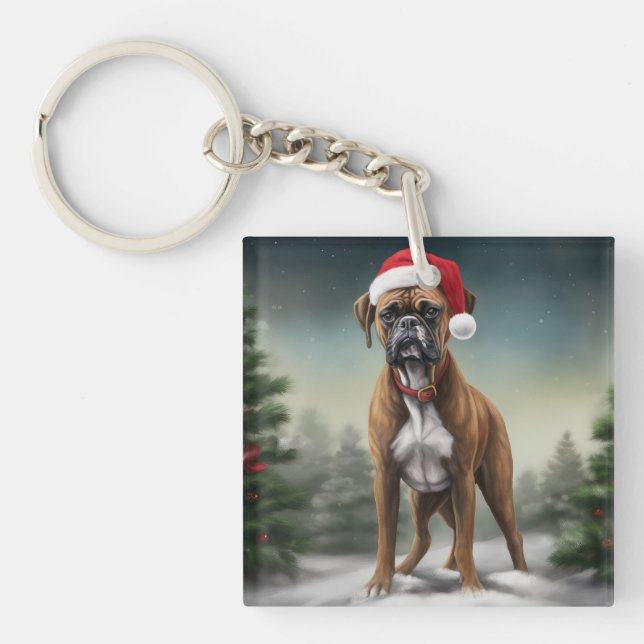 Porte-clefs Chien de boxe en Noël de neige (Devant)