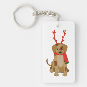 Porte-clefs Chien de caricature portant Antlers et Écharpe