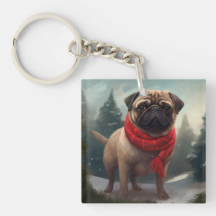 Porte-clefs Chien de carlin en Noël de neige