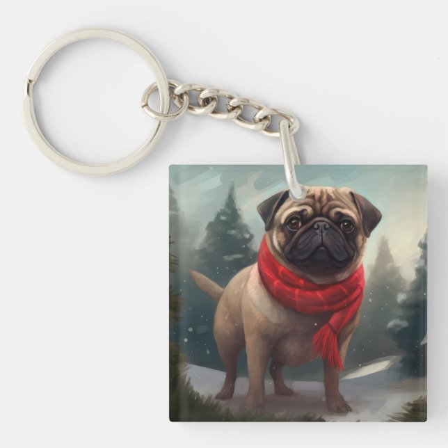 Porte-clefs Chien de carlin en Noël de neige (Devant)