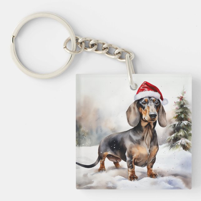 Porte-clefs Chien de Dachshund à Noël de neige (Devant)