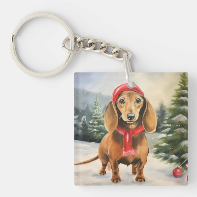 Porte-clefs Chien de Dachshund à Noël de neige (Devant)