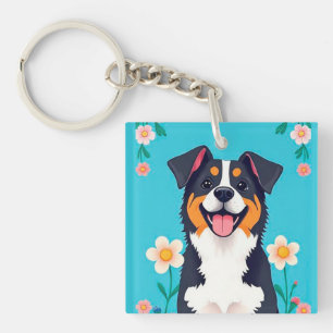 Porte-clefs Chien de dessin animé entouré de fleurs