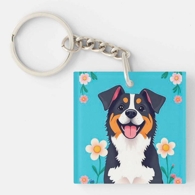 Porte-clefs Chien de dessin animé entouré de fleurs (Devant)