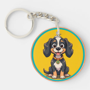 Porte-clefs Chien de dessin animé heureux dans un cadre circul