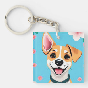 Porte-clefs Chien de dessin animé souriant entouré de fleurs